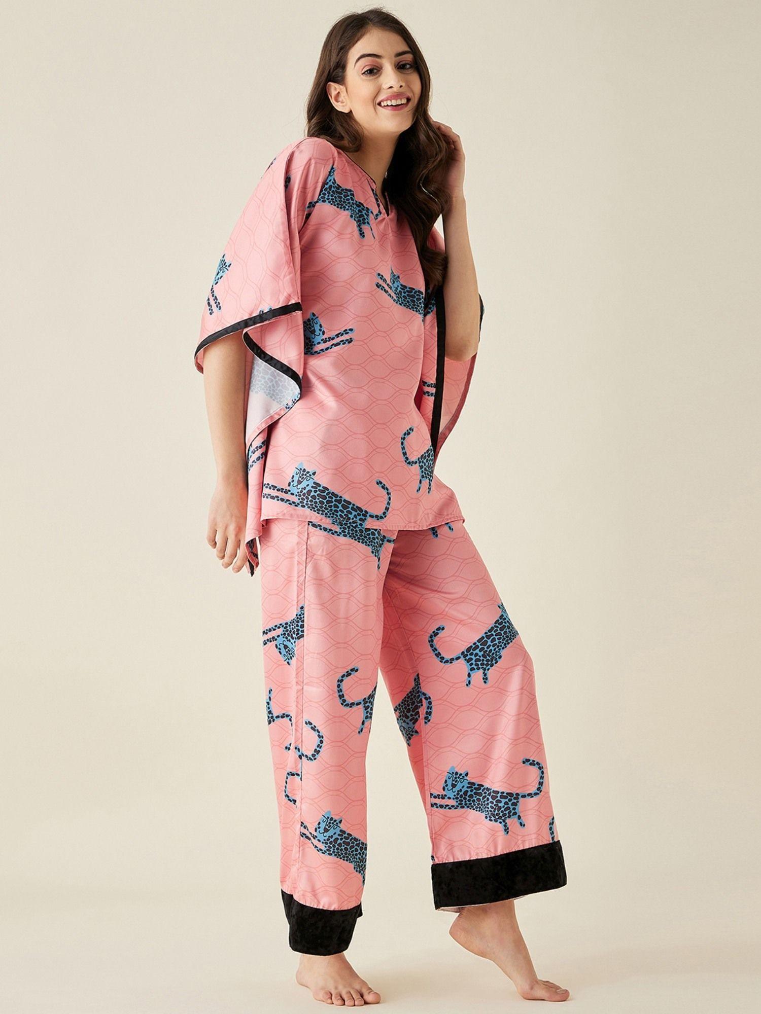 peach leopard satin kaftan pyjama set