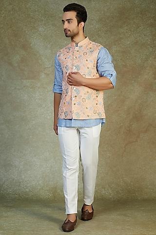 peach linen embroidered bundi jacket with shirt