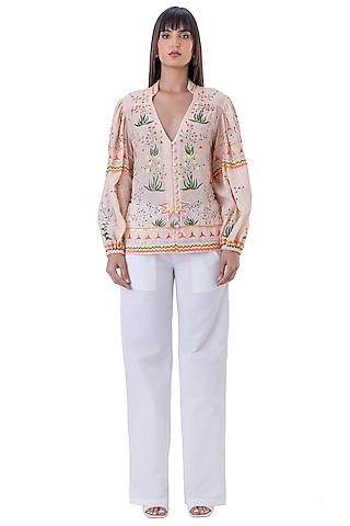 peach linen embroidered top