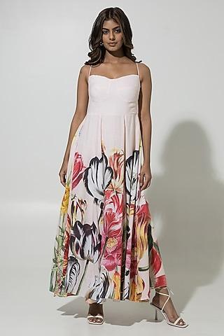 peach linen floral printed strappy dress