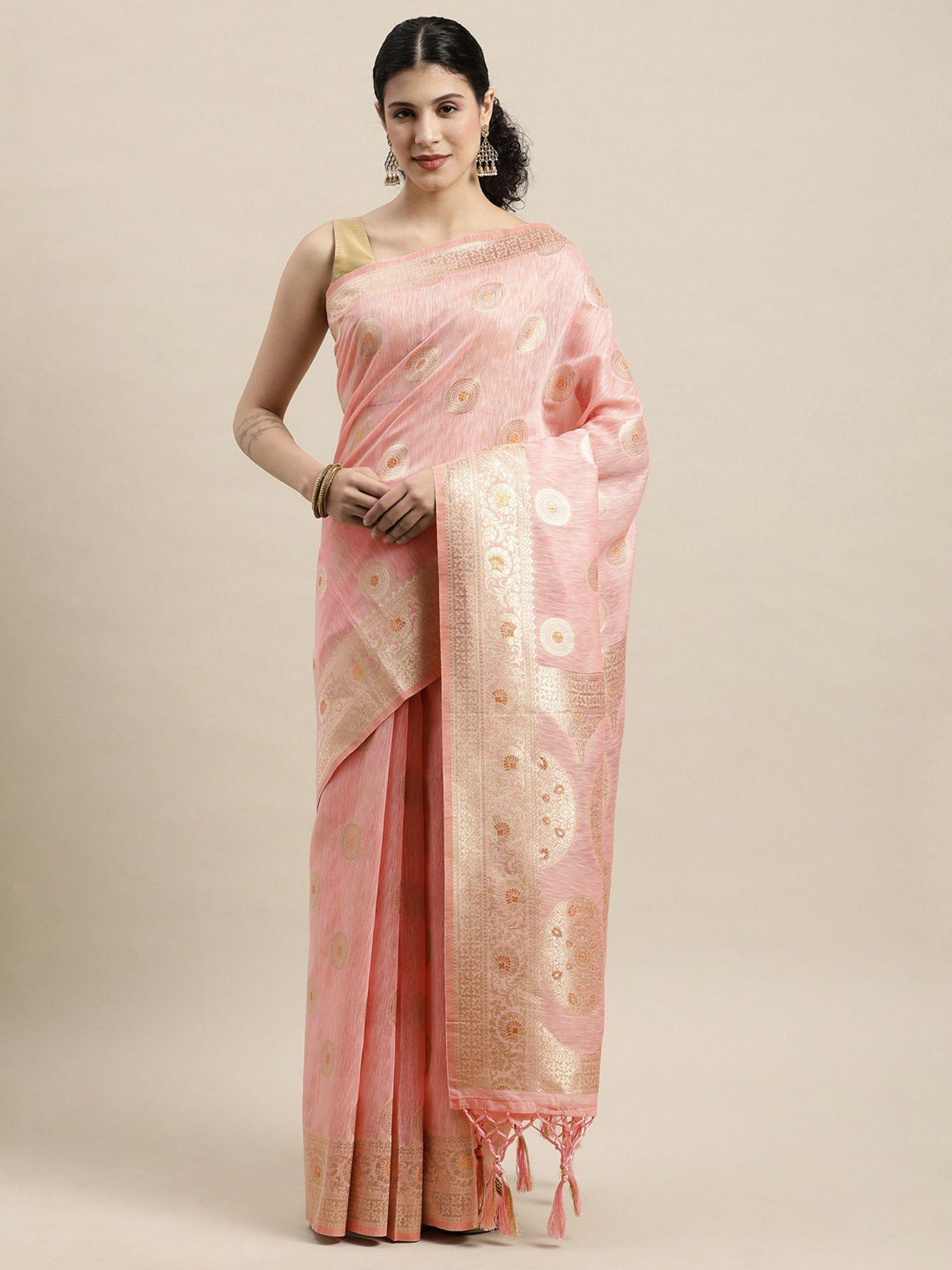 peach linen gold zari work traditional tassle saree with unstitched blouse