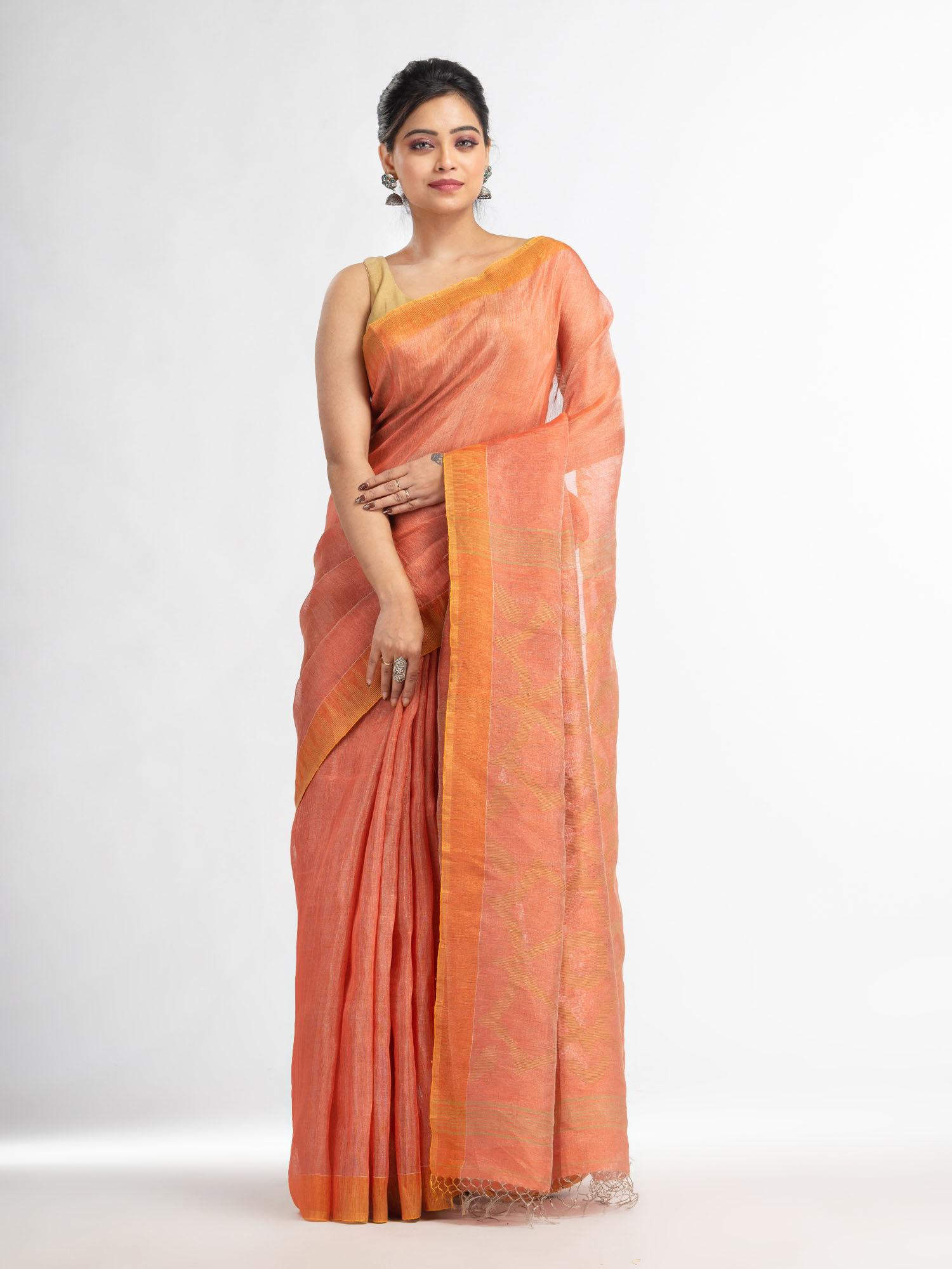 peach linen tissue pallu jamdani temple border handwoven saree with unstitched blouse