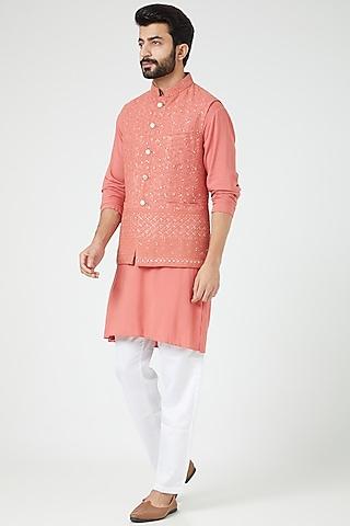 peach lucknowi bundi jacket with kurta set for boys