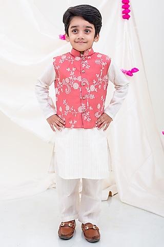 peach lurex nehru jacket set for boys