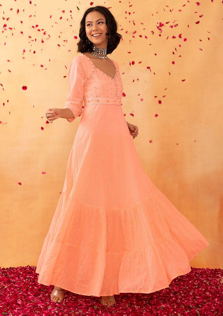 peach lurex stripe cotton anarkali kurta