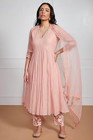 peach malai chanderi embroidered anarkali set