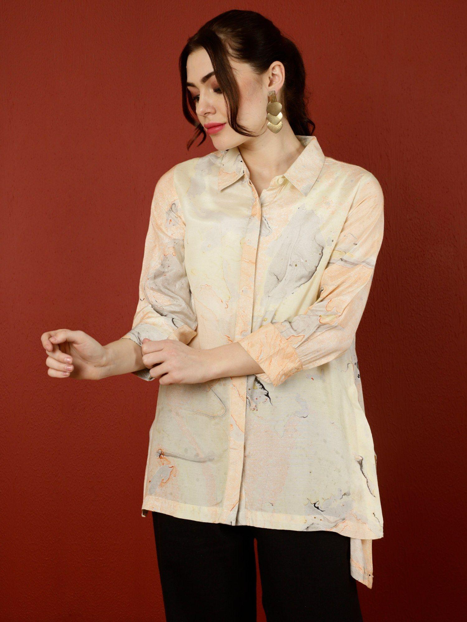 peach marble print asymmetric shirt