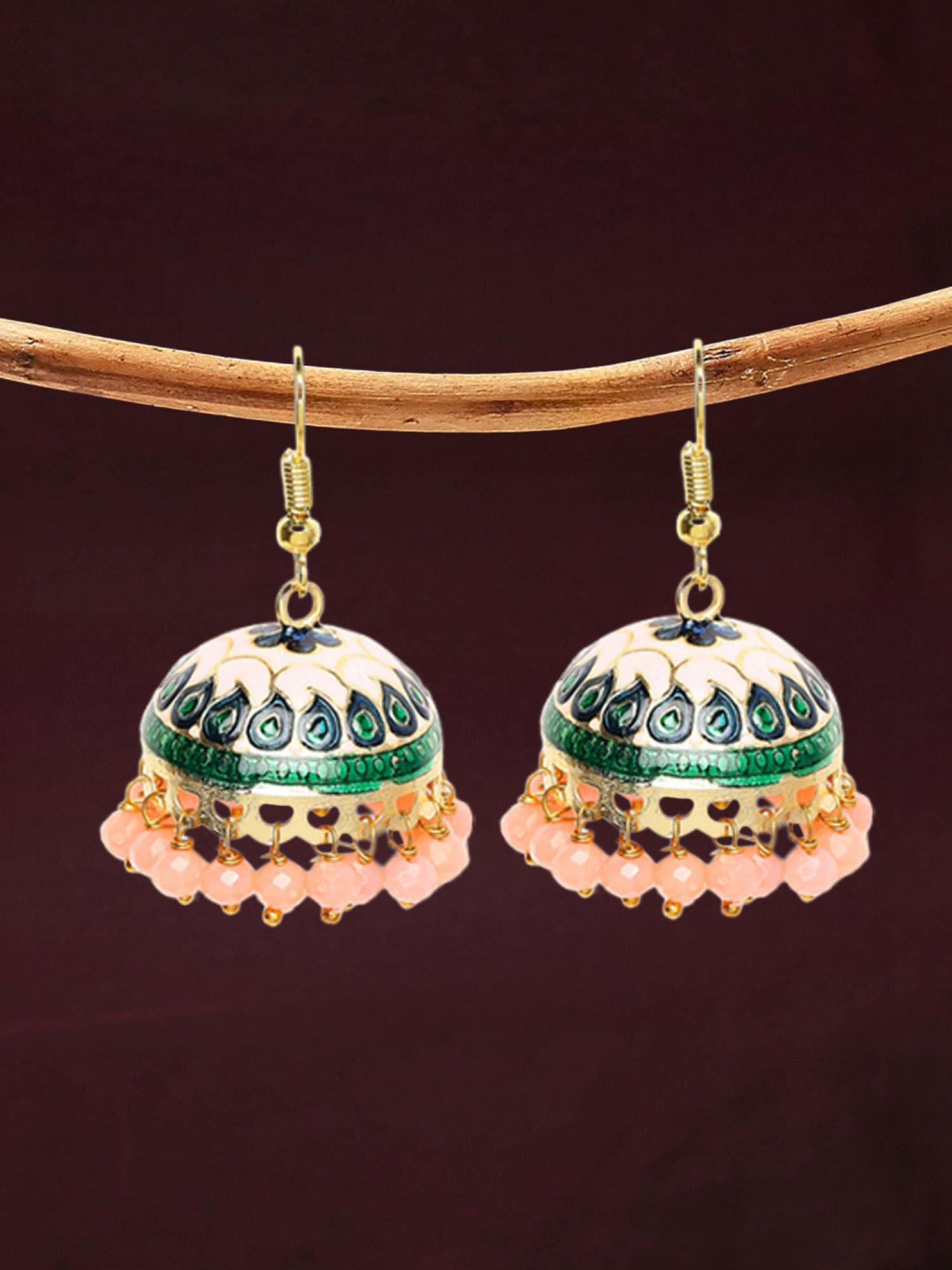 peach meenakari jhumka earrings - floral design with beads for women & girls
