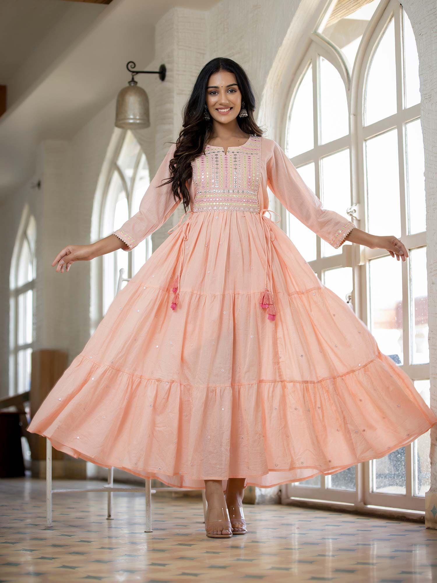 peach mirror embroidered long flared gown