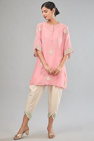 peach mul chanderi machine embroidered kurta set