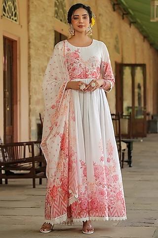 peach mul cotton embroidered & printed anarkali set