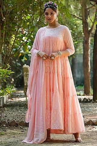 peach mul cotton printed & embroidered tiered anarkali set