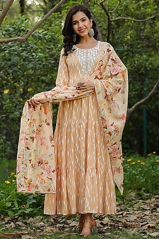 peach mul cotton printed & embroidered tiered anarkali set