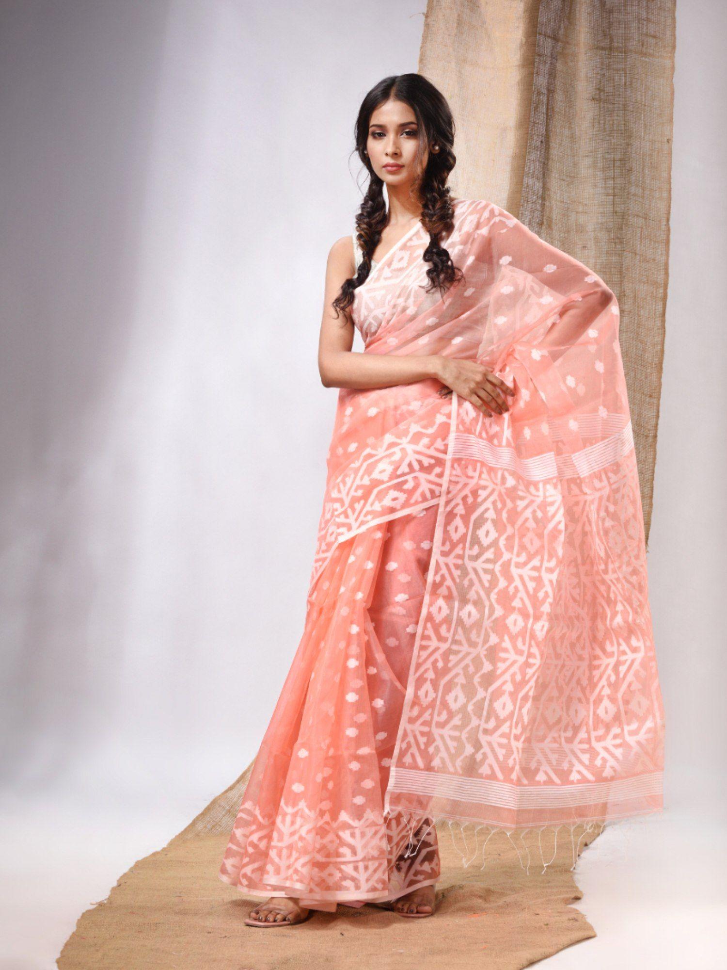 peach muslin handwoven saree with jamdani designs & unstitched blouse