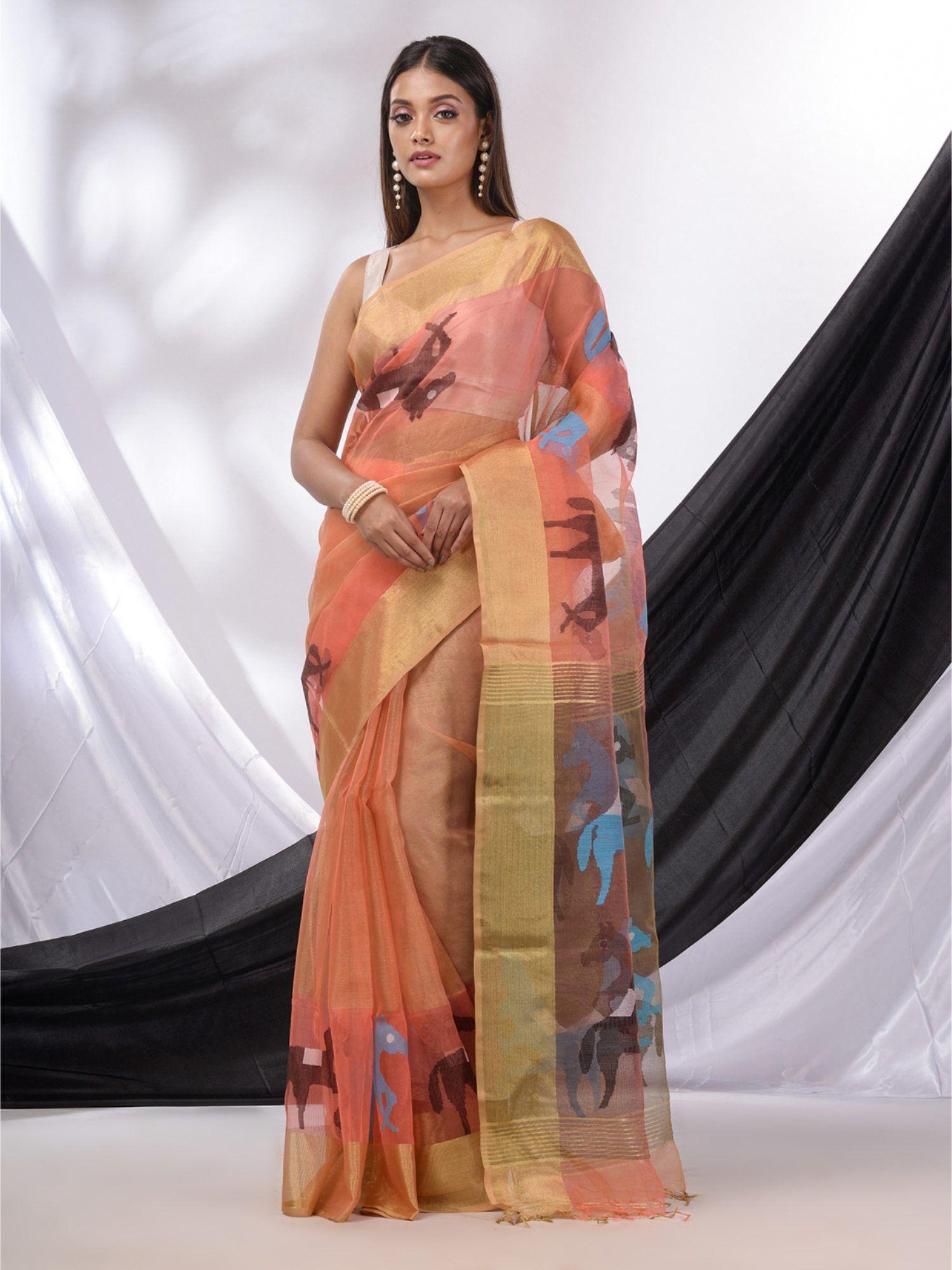 peach muslin tissue handwoven saree with zari border & unstitched blouse