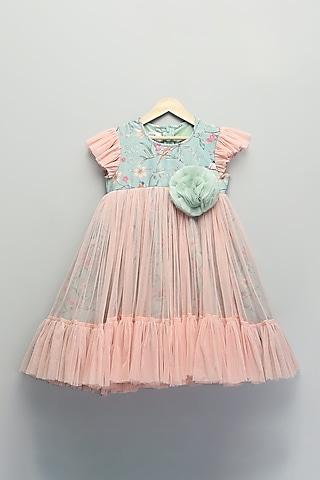 peach net & cotton poplin ruffled layered dress for girls