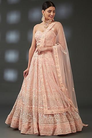 peach net & crepe hand embroidered lehenga set