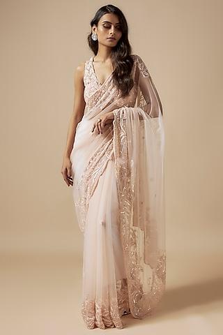 peach net cutdana embroidered saree set