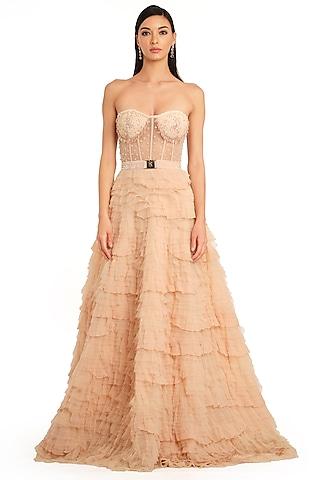 peach net embroidered corset gown