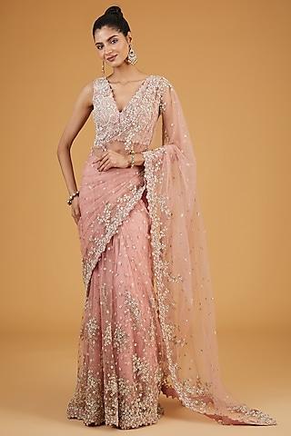 peach net embroidered saree set