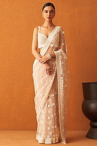 peach net embroidered saree set