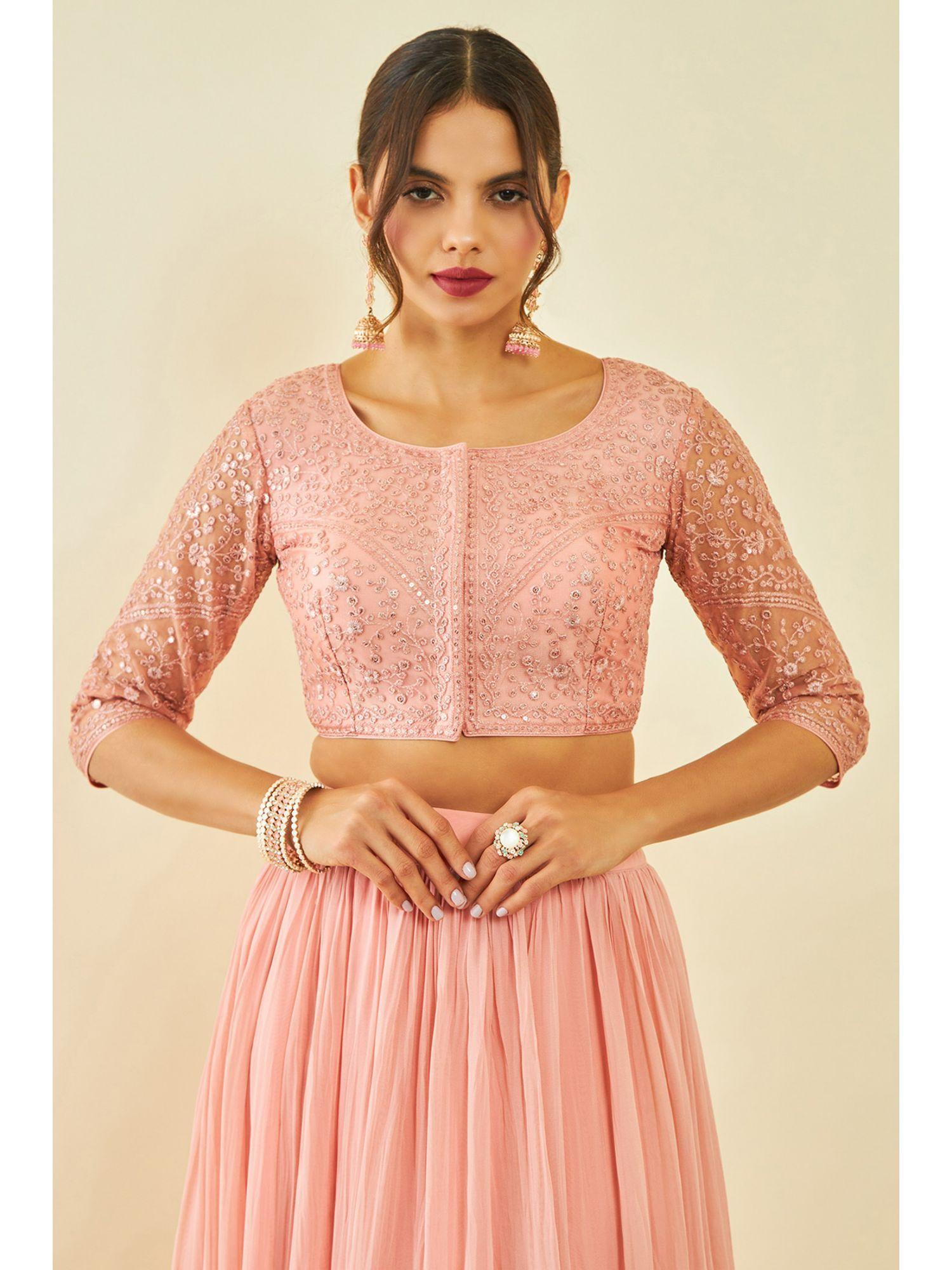 peach net embroidered stitched blouse with sequins