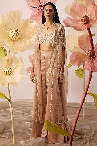 peach net hand embroidered cape set