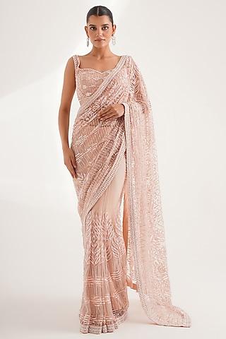 peach net sequins hand embroidered saree set