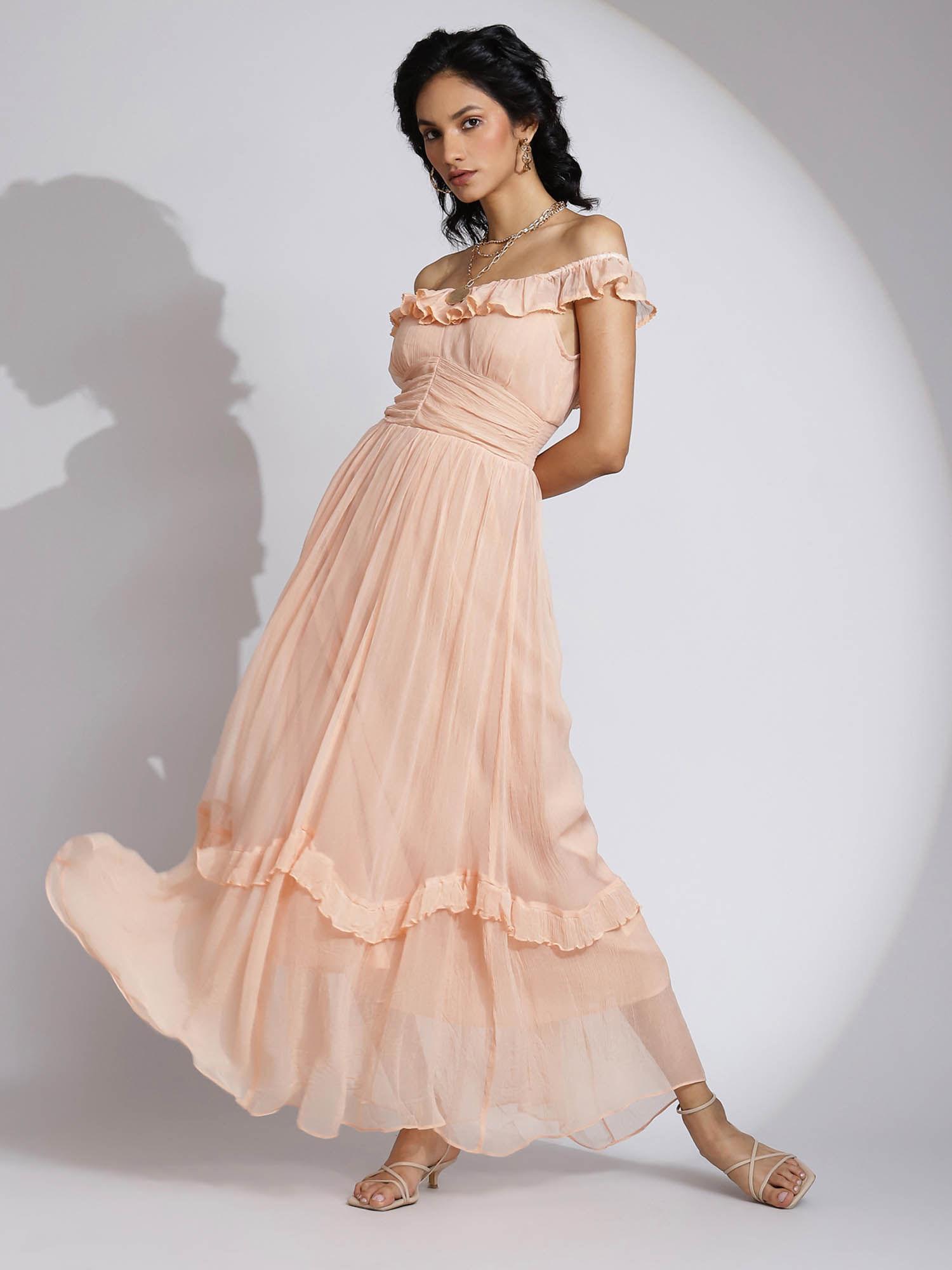 peach off shoulder maxi dress