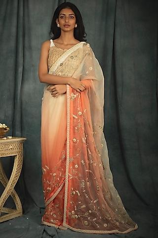peach ombre hand embroidered saree set