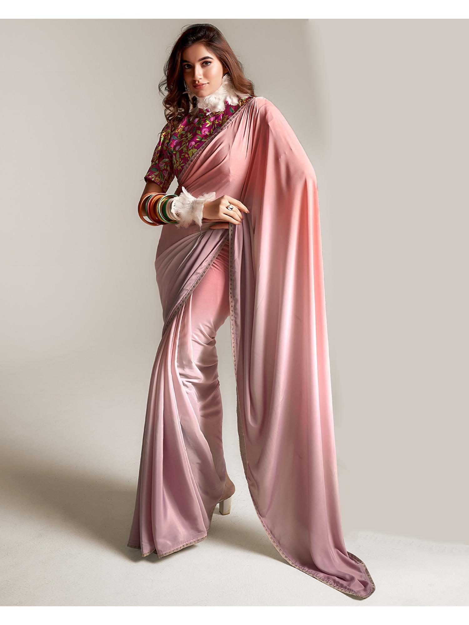 peach ombre padding crepe embroidered border saree with unstitched blouse