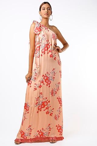 peach one-shoulder dress with red floral print