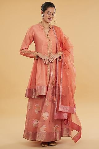 peach orange cotton banarasi anarkali set