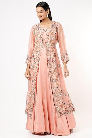 peach organza & chanderi anarakali set