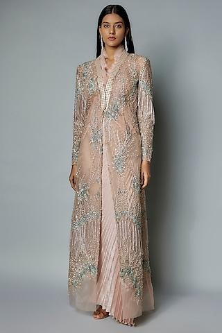 peach organza & mesh thread embroidered cape set