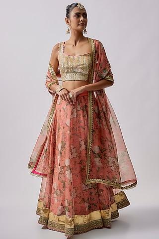 peach organza & polyester printed lehenga set