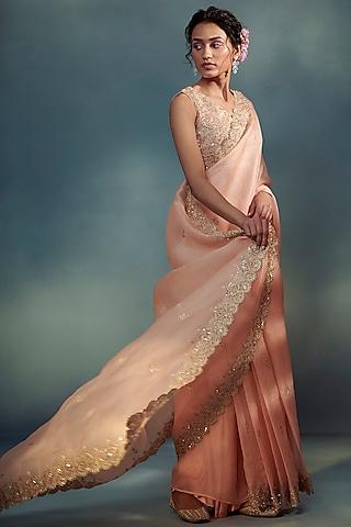 peach organza aari hand embroidered saree set