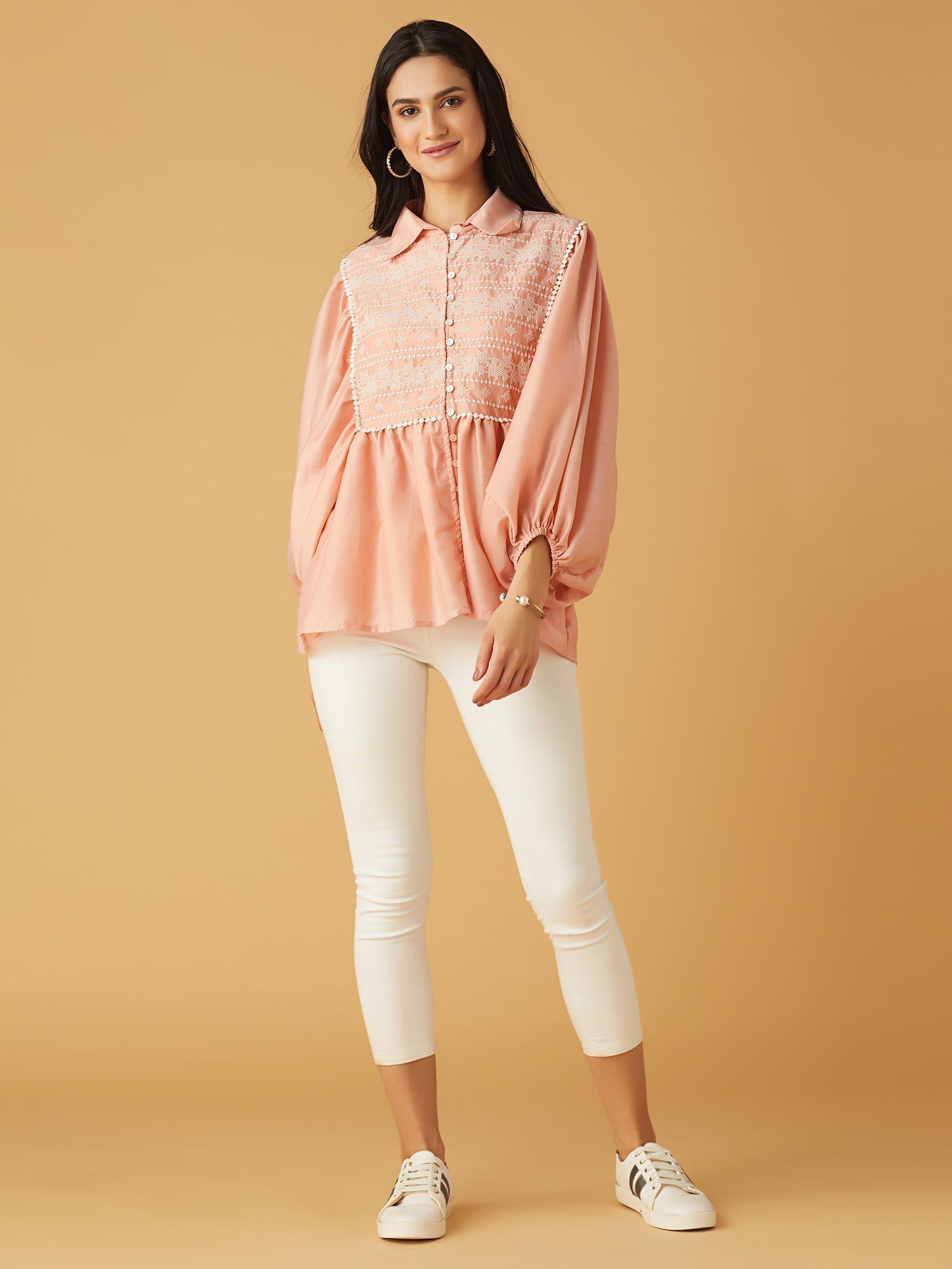 peach organza blouse with gathered sleeves