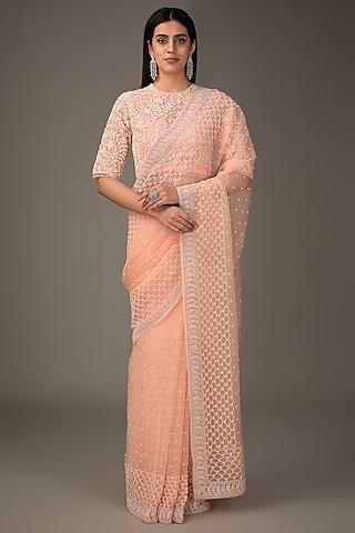 peach organza chitta work saree set