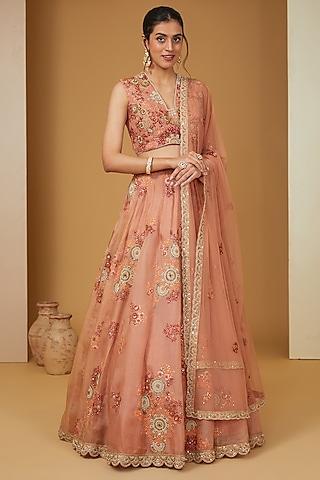 peach organza dori embroidered shimmer lehenga set