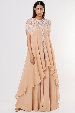 peach organza embellished cape set