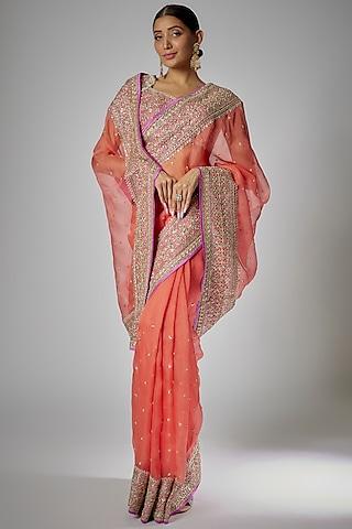 peach organza embroidered saree set