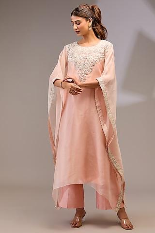 peach organza hand embellished kaftan set