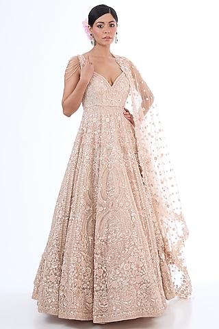 peach organza hand embroidered gown with dupatta