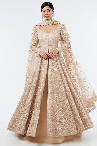 peach organza hand embroidered jacket lehenga set