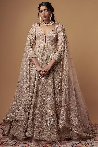 peach organza hand embroidered jacket lehenga set