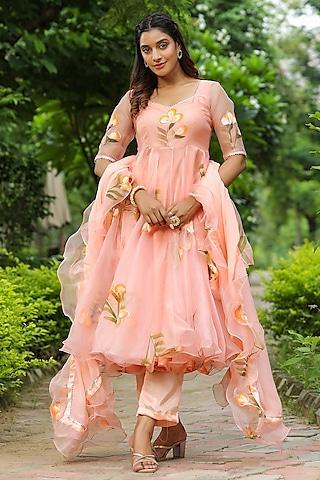 peach organza hand printed anarkali set