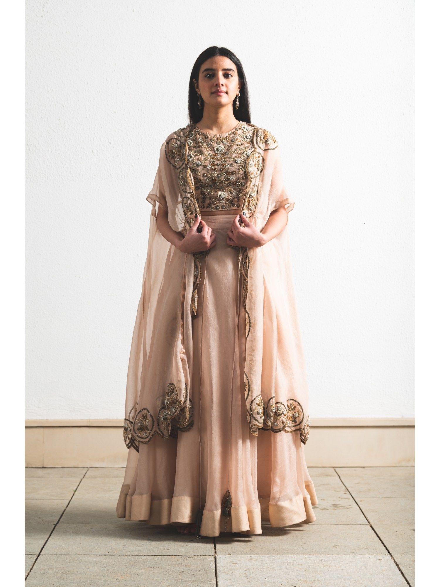 peach organza lehenga and cape with hand embordered blouse (set of 3)