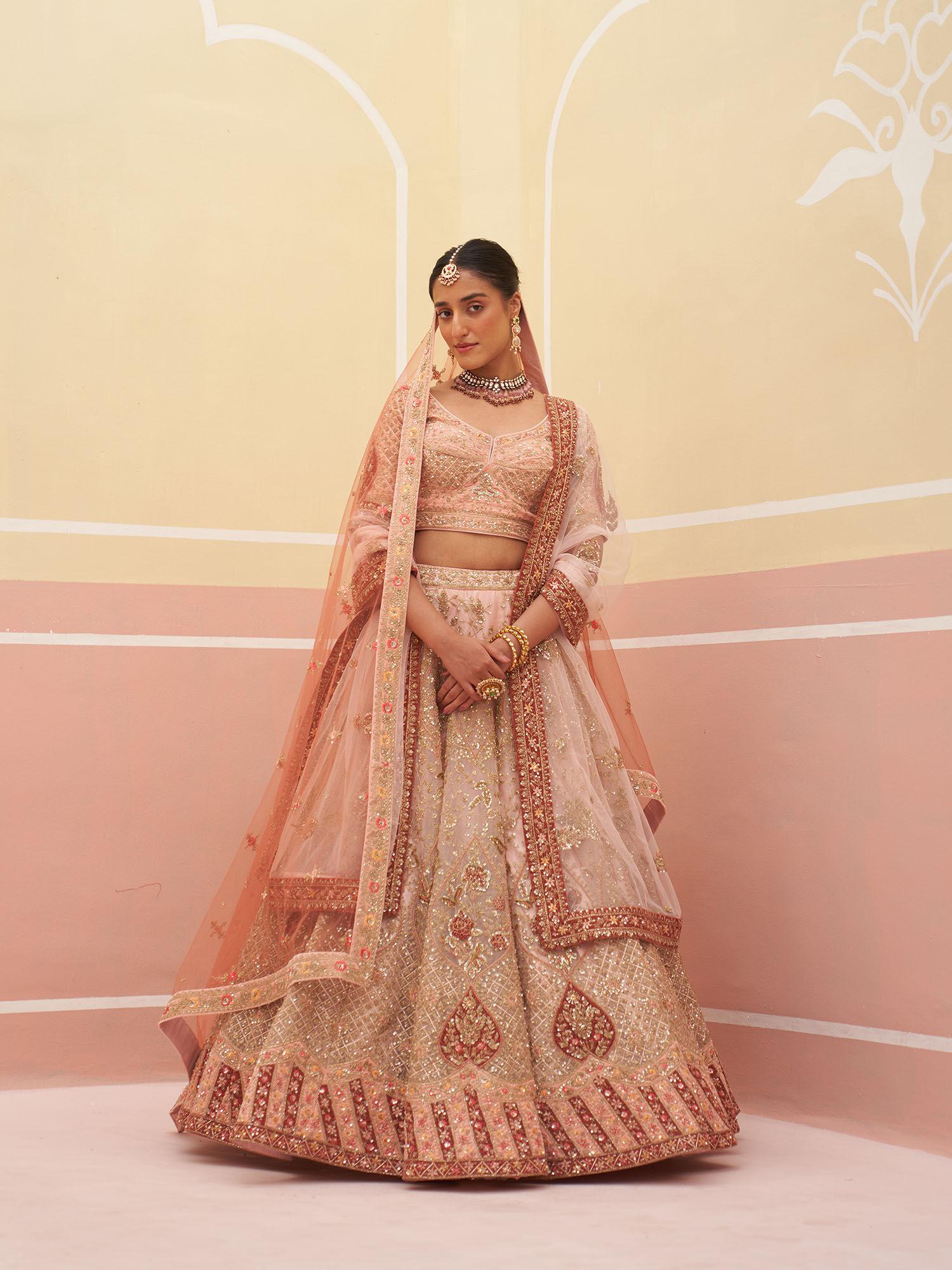 peach organza lehnga with blouse & dupatta (set of 3)