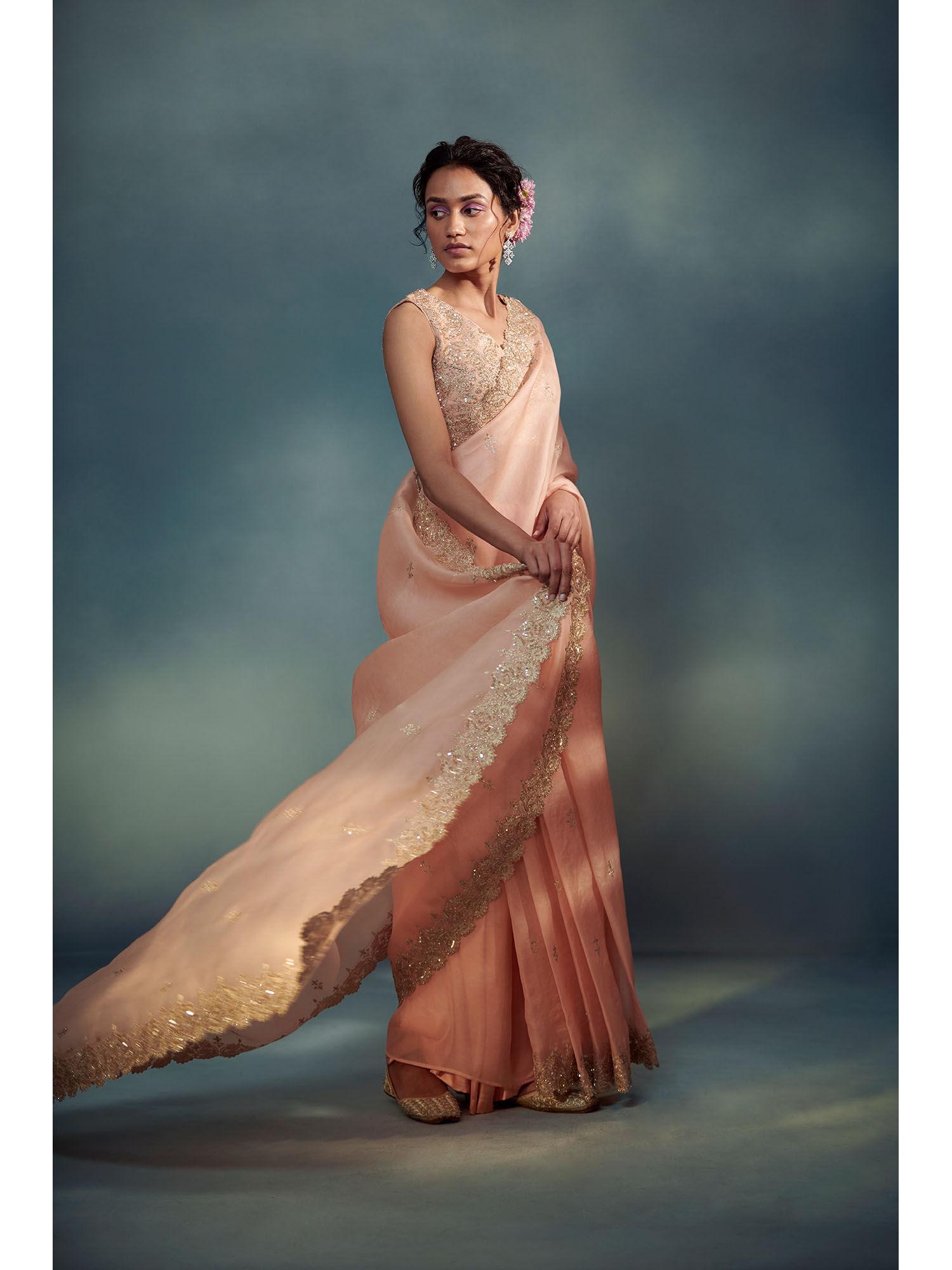 peach organza saree with blouse & petticoat with stitched blouse